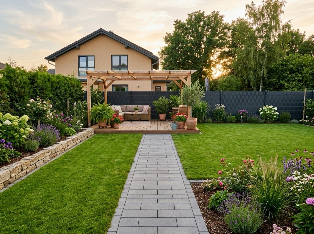 Fertig gestalteter Garten mit Pflasterweg, Rasen und Terrasse