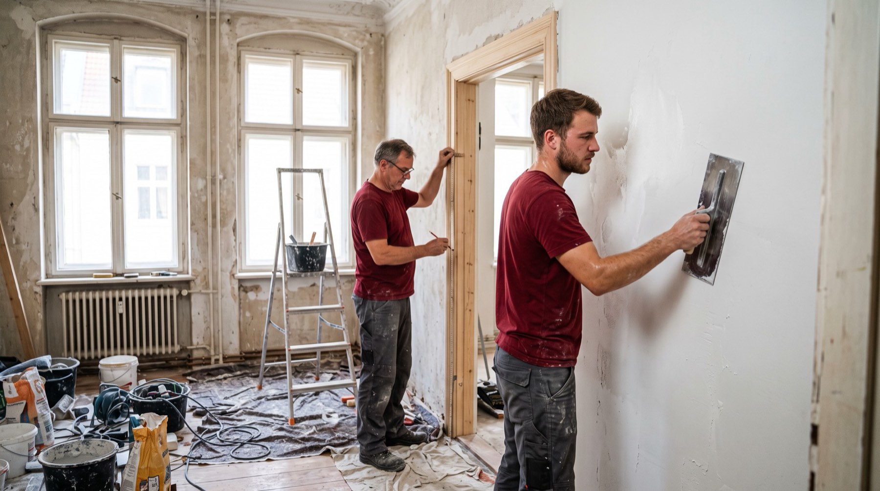 Zwei Handwerker von Bau Team Kassel bei Spachtel- und Messarbeiten