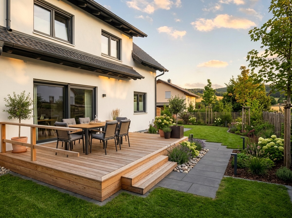 Neu gebaute Holzterrasse mit Garten