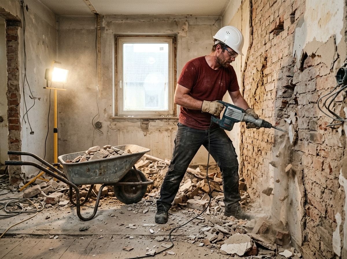 Entkernung: Arbeiter entfernt Putz mit dem Abbruchhammer