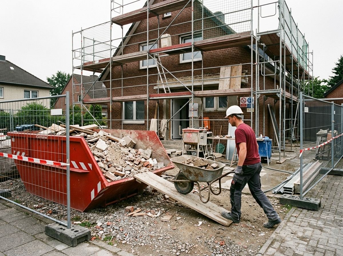 Baustelleneinrichtung mit Container und Absperrung