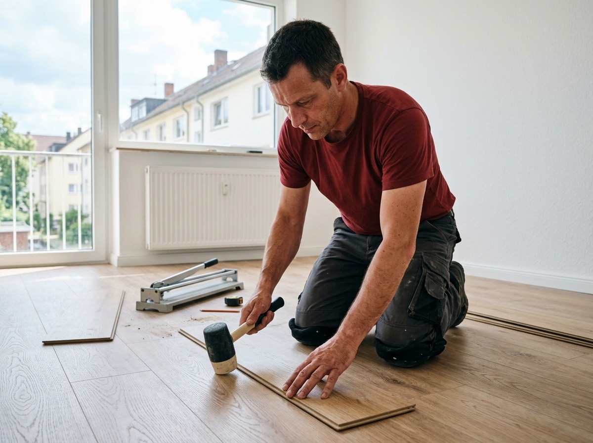 Handwerker verlegt neuen Vinylboden in renovierter Wohnung