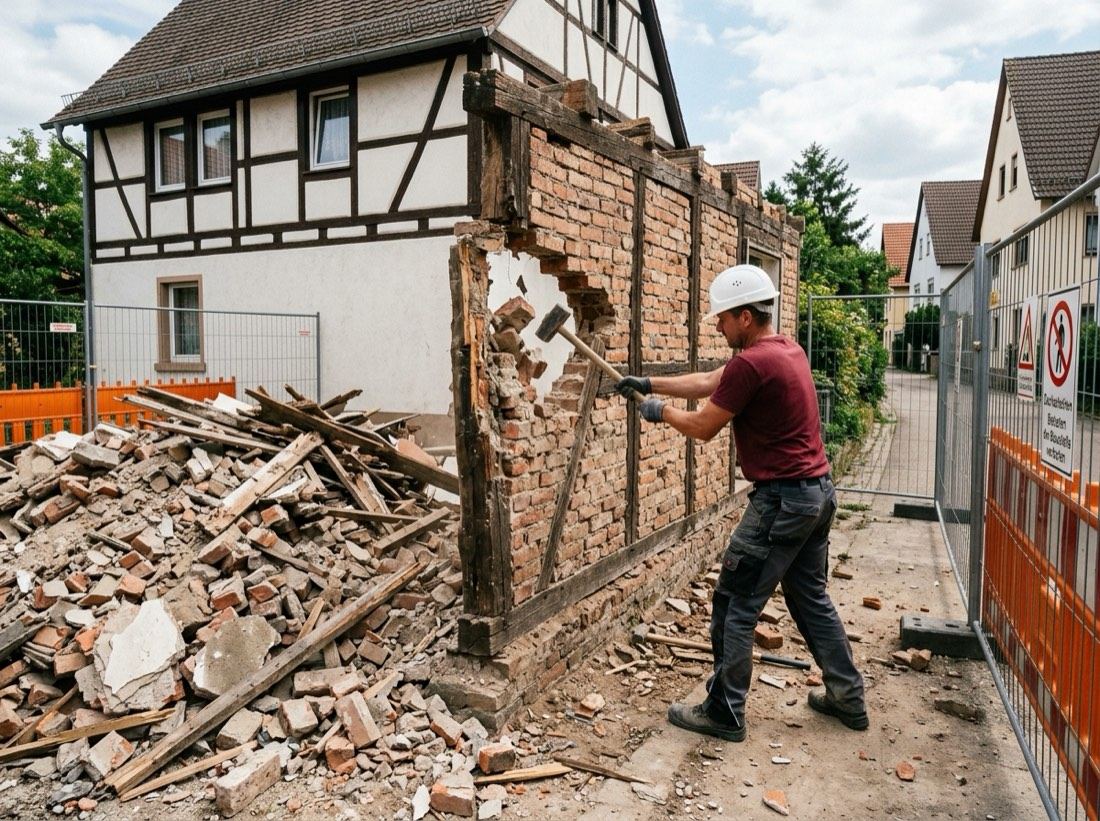 Abrissarbeiten an einem Anbau mit Vorschlaghammer