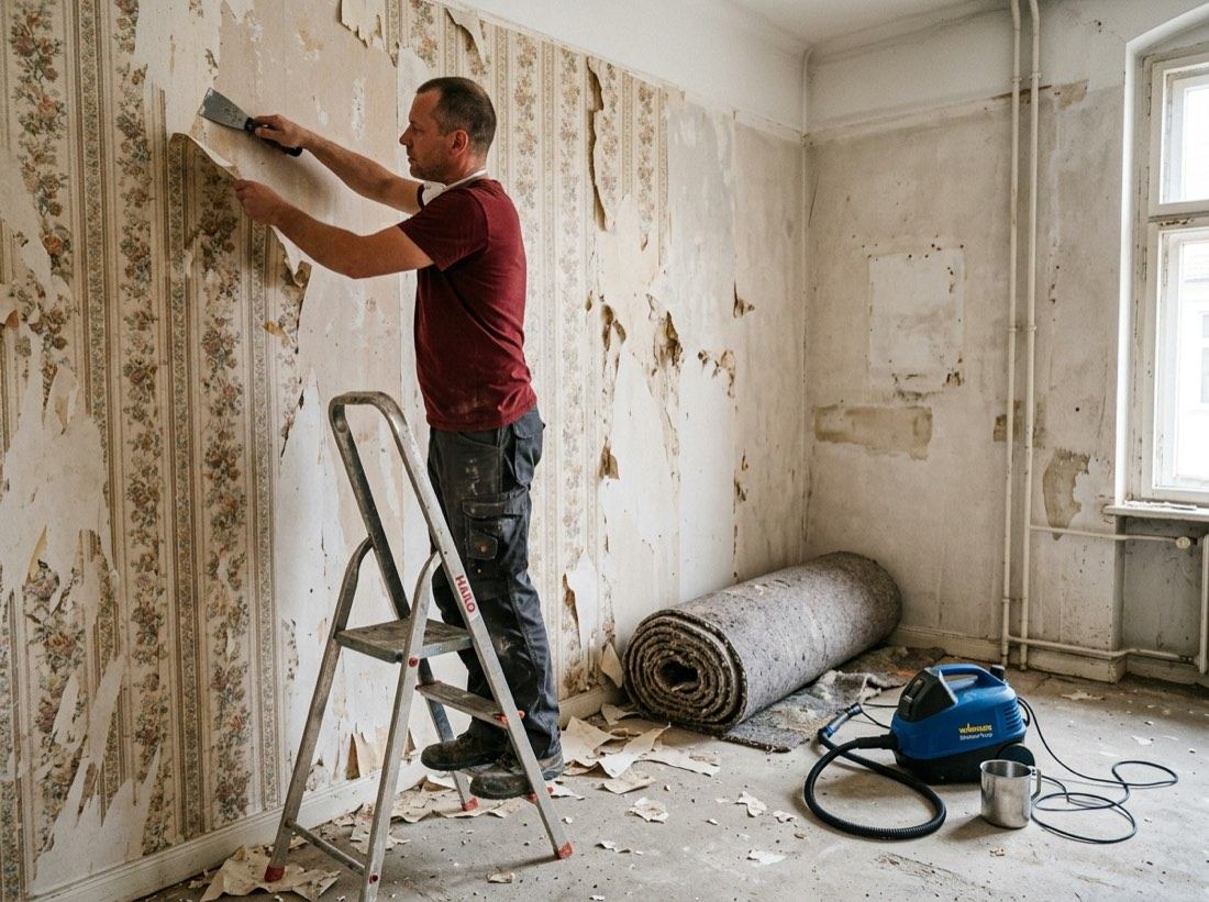 Arbeiter entfernt alte Tapeten mit dem Spachtel