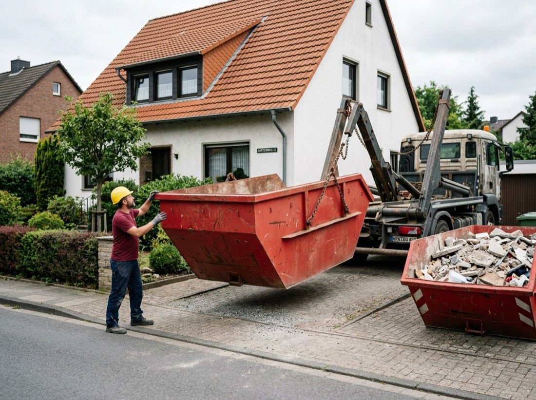 Container wird vor einem Wohnhaus positioniert