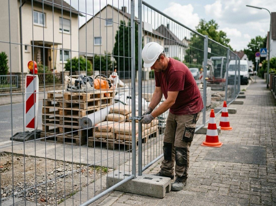 Aufbau von Bauzaunelementen an einer Baustelle