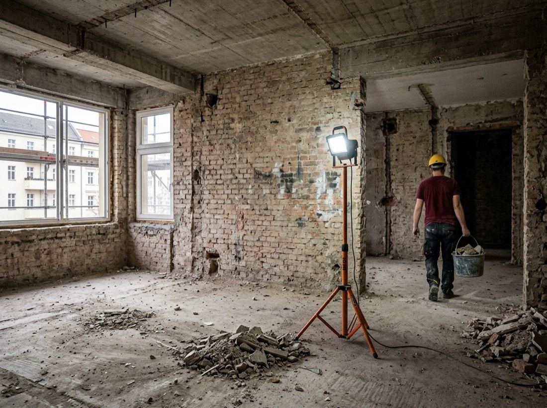 Komplett entkernte Etage mit freigelegtem Mauerwerk