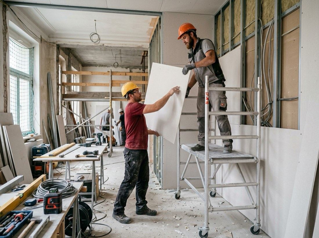 Bauhelfer reicht einem Handwerker Material an