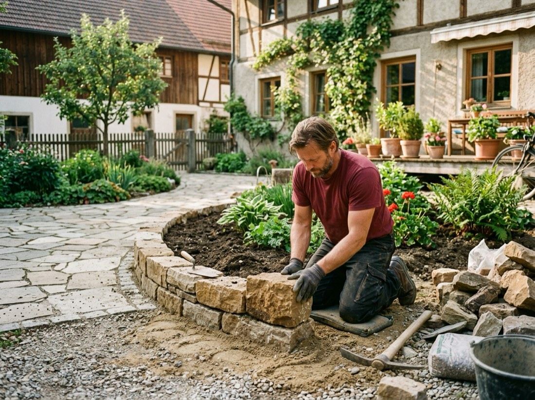 Bau einer kleinen Natursteinmauer im Hof