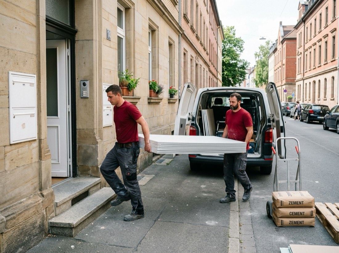 Zwei Arbeiter tragen Baumaterial vom Transporter ins Haus